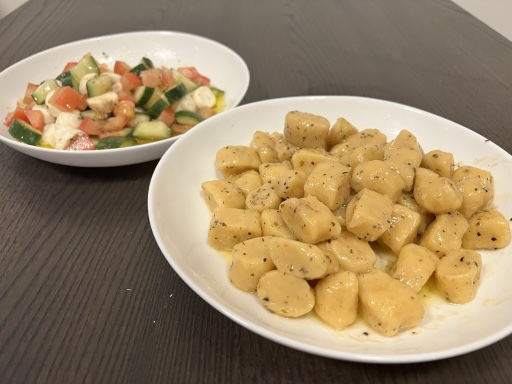herbed gnocchi and cucumber tomato mozzarella salad