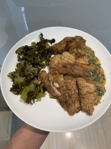 pan-fried fish with roasted broccoli