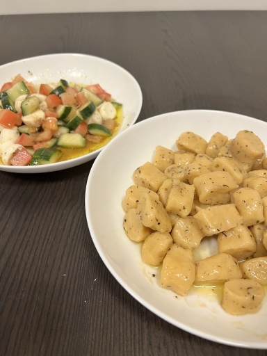 herbed gnocchi and cucumber tomato mozzarella salad
