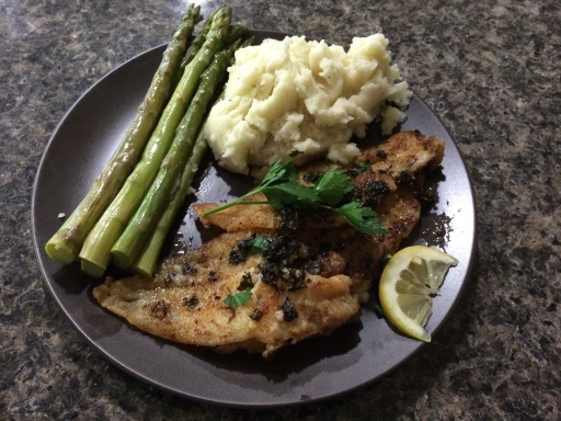 lemon butter fish with asparagus and mashed potatoes