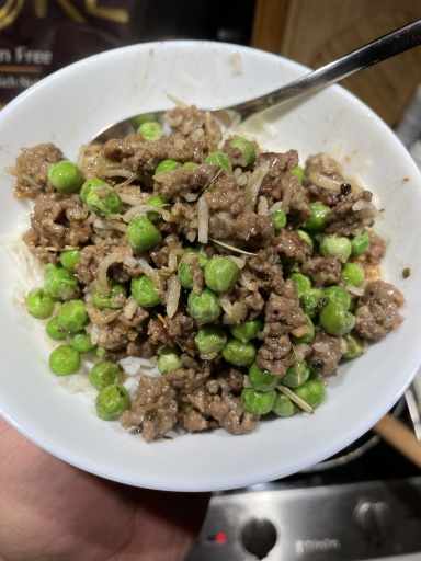 ground beef and pea rice bowl