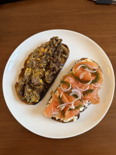 steak and smoked salmon toasts