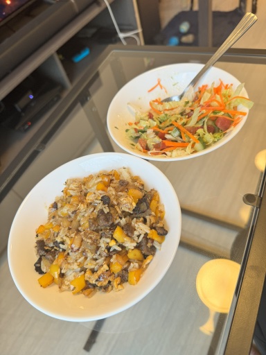 beef rice bowl and chopped salad