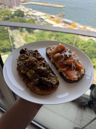 steak and smoked salmon toasts