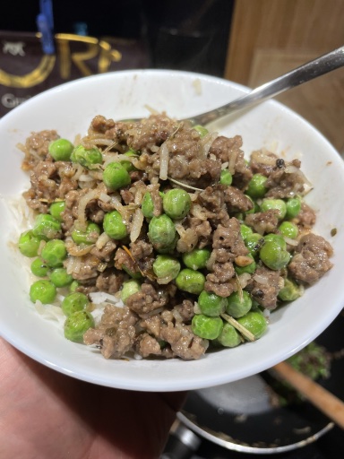 ground beef and pea rice bowl