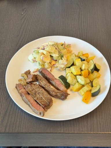 steak with potato salad and roasted squash