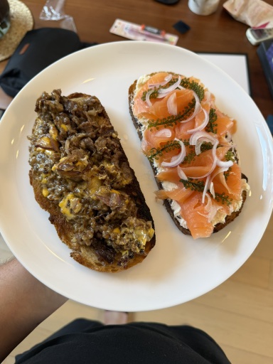 steak and smoked salmon toasts