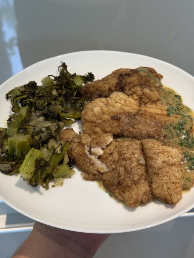 pan-fried fish with roasted broccoli
