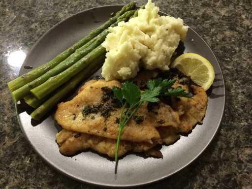 lemon butter fish with asparagus and mashed potatoes