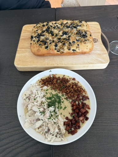 creamy chicken and chorizo polenta and olive focaccia