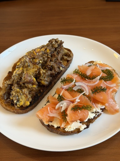 steak and smoked salmon toasts