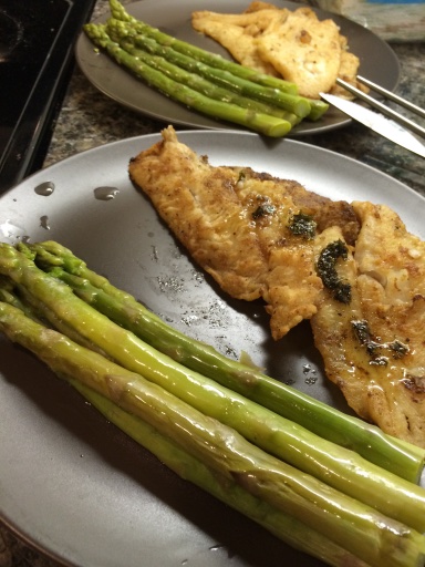 lemon butter fish with asparagus and mashed potatoes