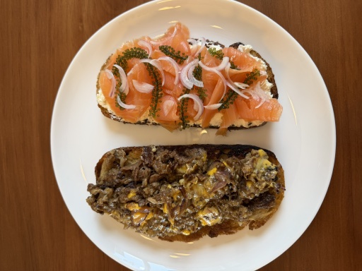 steak and smoked salmon toasts