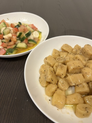 herbed gnocchi and cucumber tomato mozzarella salad