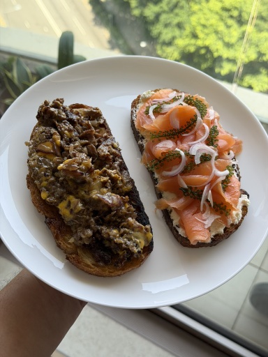steak and smoked salmon toasts