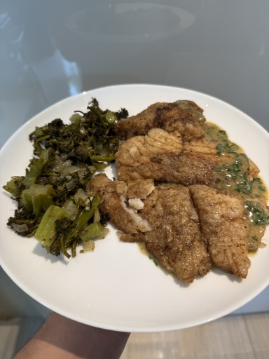 pan-fried fish with roasted broccoli