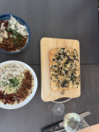 creamy chicken and chorizo polenta and olive focaccia