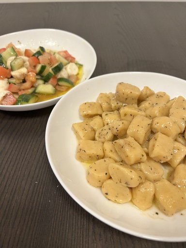 herbed gnocchi and cucumber tomato mozzarella salad