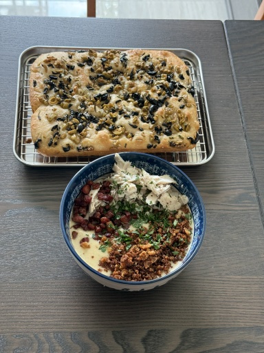 creamy chicken and chorizo polenta and olive focaccia